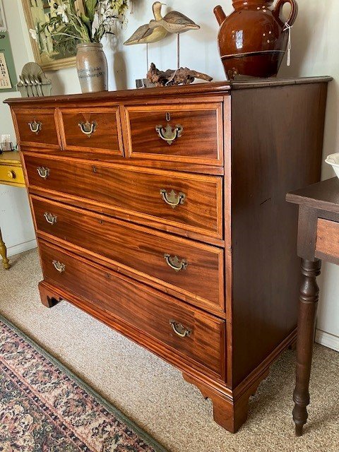  2231033 Mahogany, Chippendale Chest of 6 Drawers. Circa 1800. Feet and back replaced. 46” W x 22” D x 39.25” H. $1075 