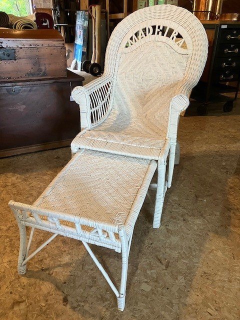  2231041 Wicker Lounge Chair made on Madeira Island, Spain. Has pull-out leg rest. Date of manufacture, 1914, incorporated into leg rest. $950 