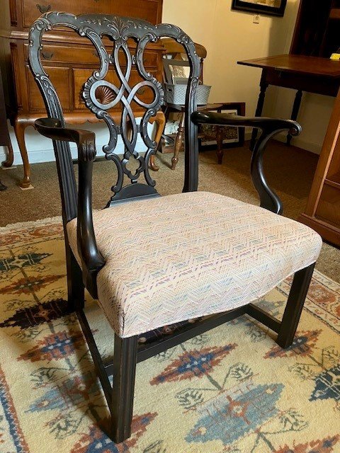  2231054 Walnut, Chippendale Arm Chair. Marlboro style leg and upholstered seat. 35.25” H x 25” W. $425 