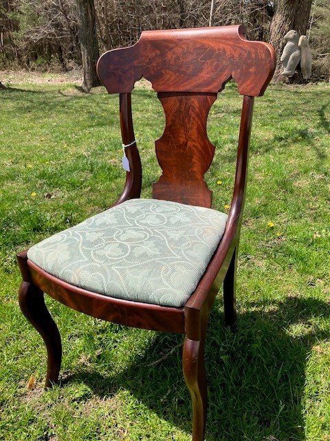  2241011 Set of 4, Mahogany Chairs. Period Empire, Saber-leg. Removable upholstered seats. Late 1800’s. $675 for the set. 
