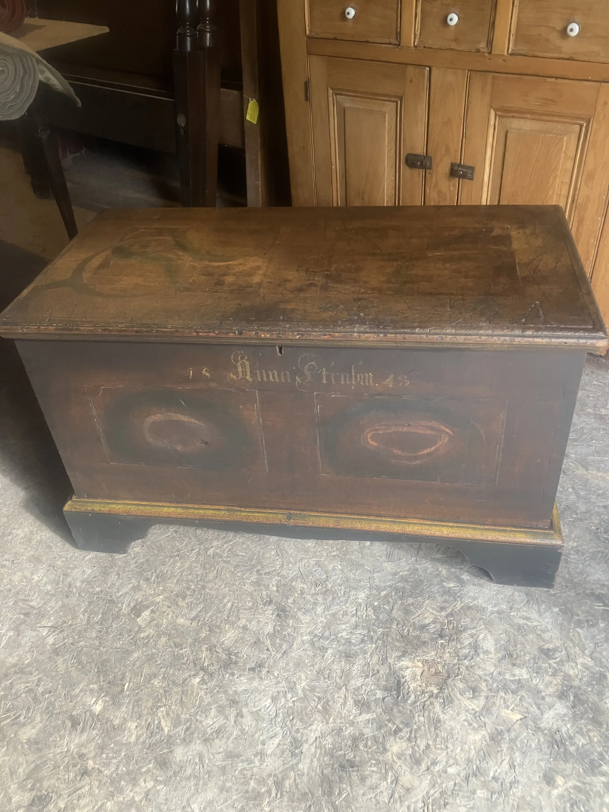  2251065 Blanket Chest. Dovetailed. Pine with original paint. Anna Strahm 1843. 38” L x 18.75” D x 22.5” H. $550 