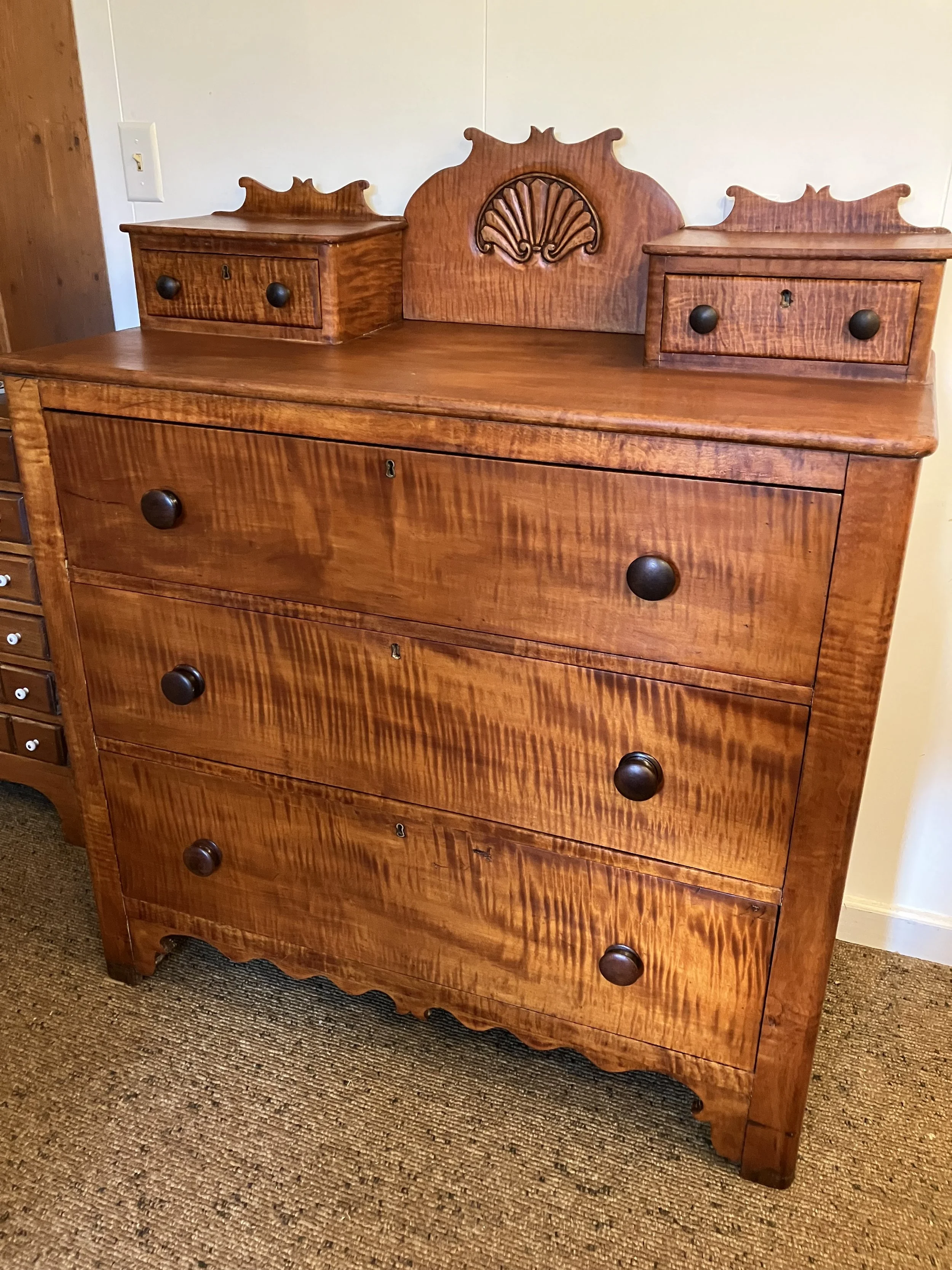  2251067 Solid Tiger Maple Chest of 5 Drawers. Circa 1870. 42” W x 48” H x 20” D. $1085 