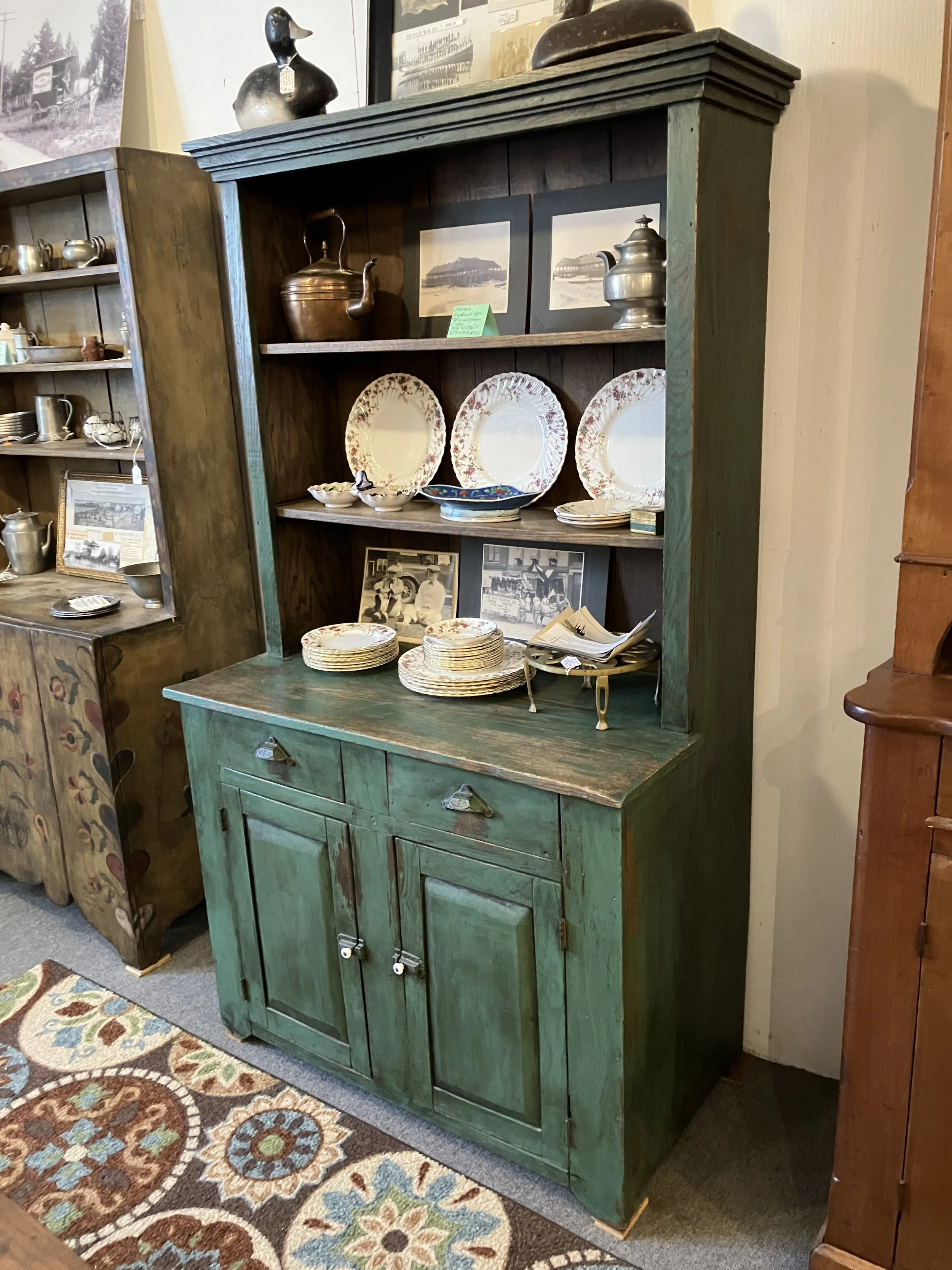  2261006 Cupboard. Open top in old green paint. Circa 1860. 2 Doors, 2 Drawers. 42.75”W x 22” D x 72” H. $1425 