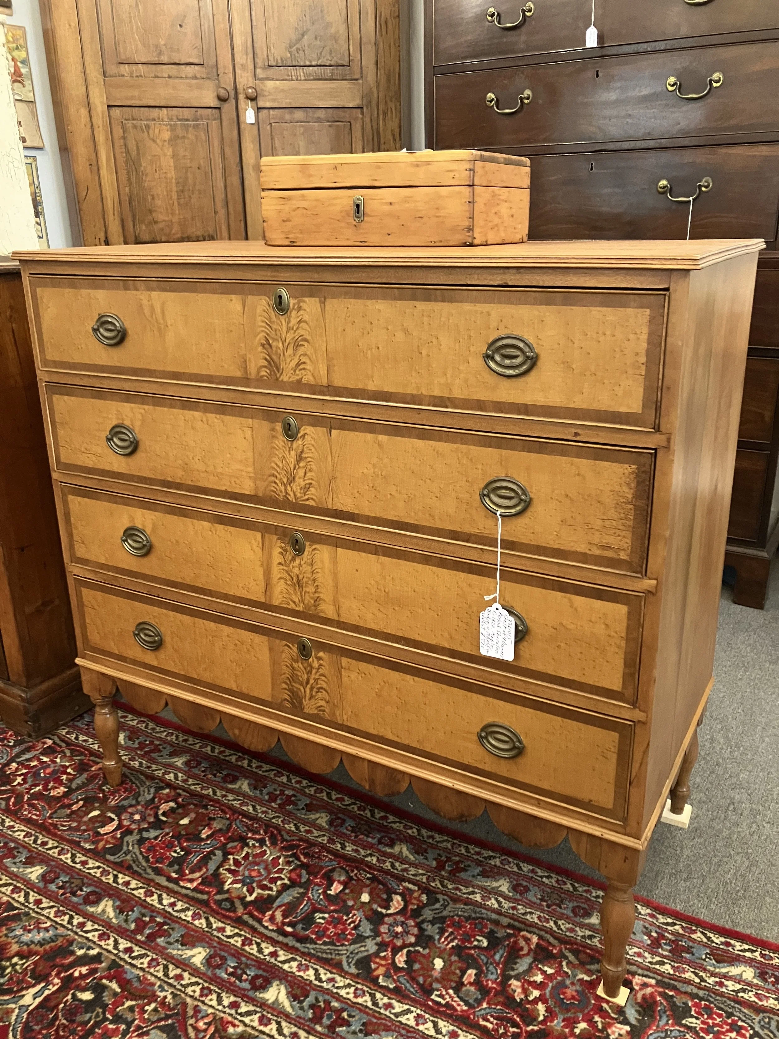  2261015 Period Sheraton Chest of 4 Drawers. Circa 1820. Maple, Birdseye Maple,  Flame Maple and Walnut. 40” W x 18.5” D x 38.25” H. $975 