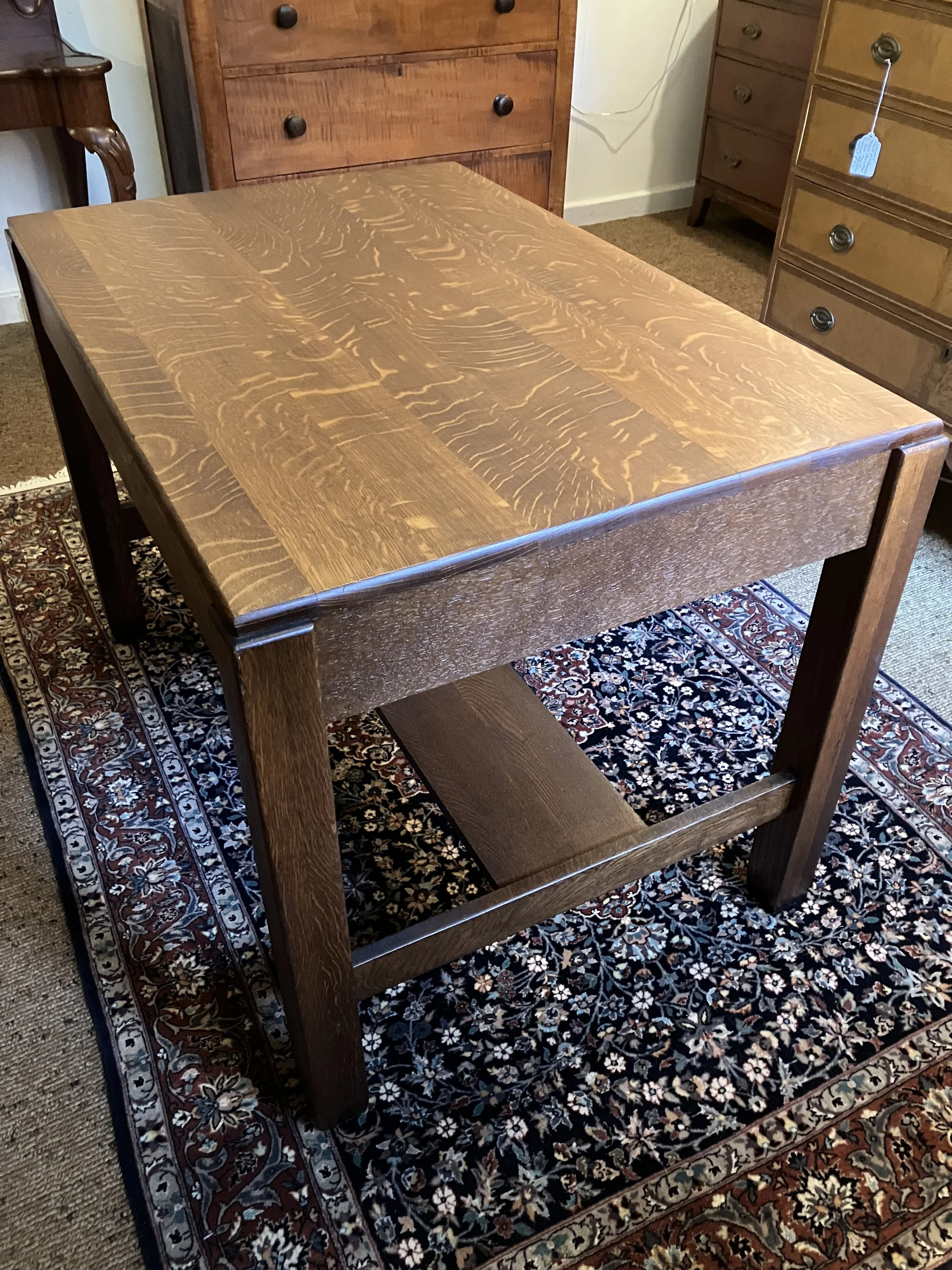  2261020 Mission, 1 Drawer Desk. Solid quarter sawn oak. Wolverine Co. of Detroit. Circa 1910. 42.5” L x 28.5” D x 29.25” H. $675 