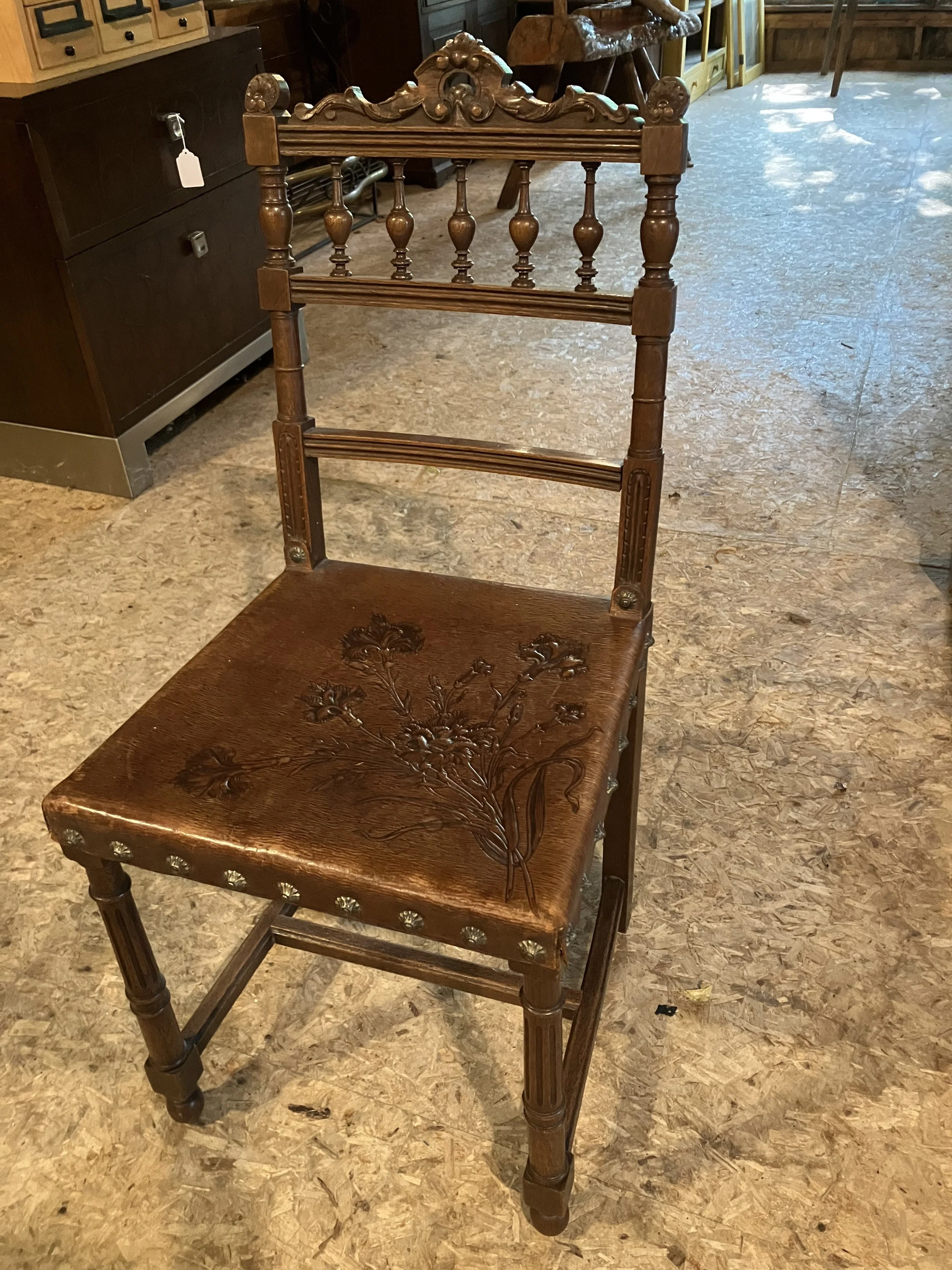  2261034  Set of 6, English Oak Chairs with Tooled Leather Seats. Circa 1870. $1075 