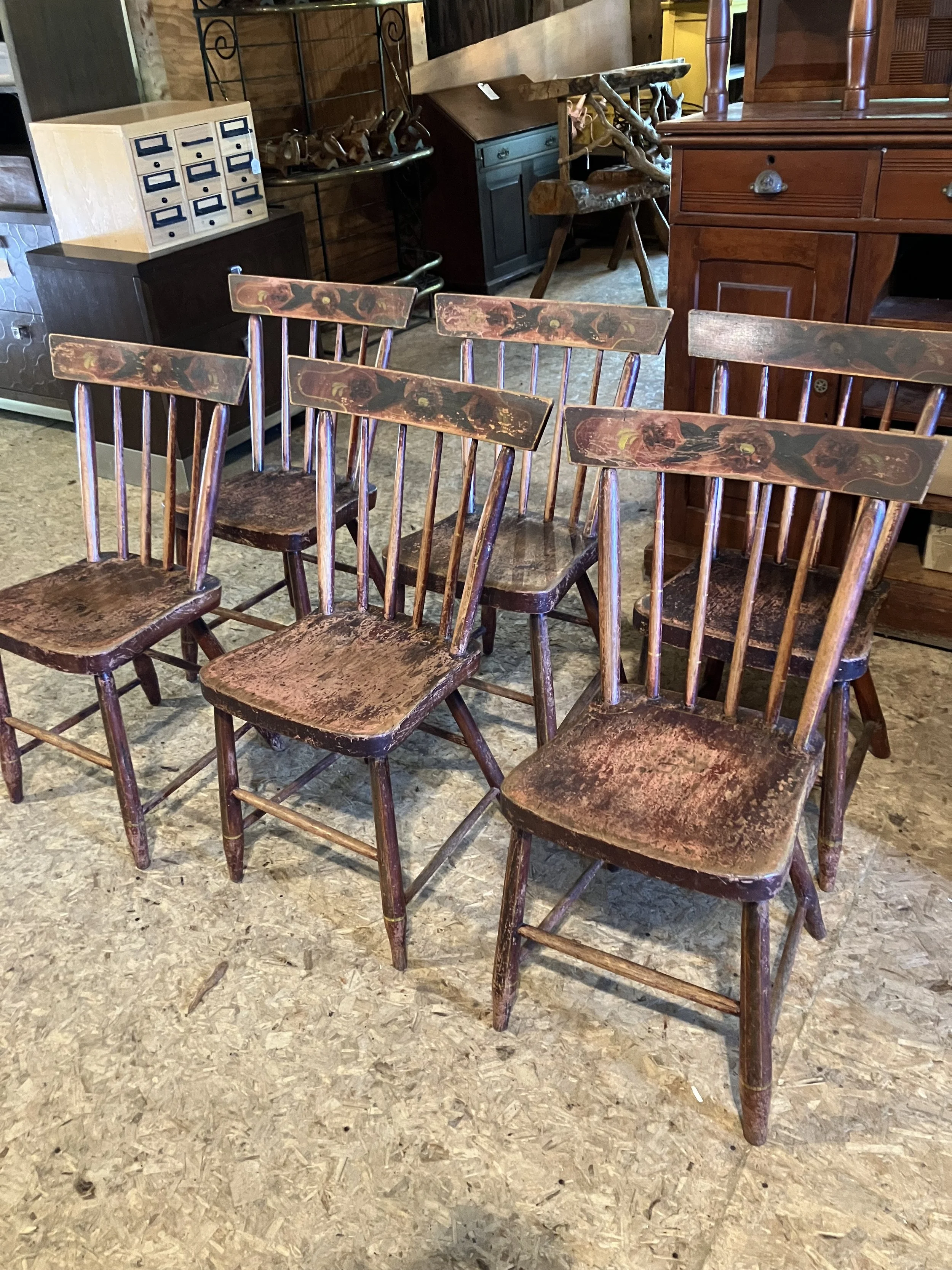  2261043 Set of 6, Early 1800’s, Plank Seat Chairs in Original Paint. S1150 