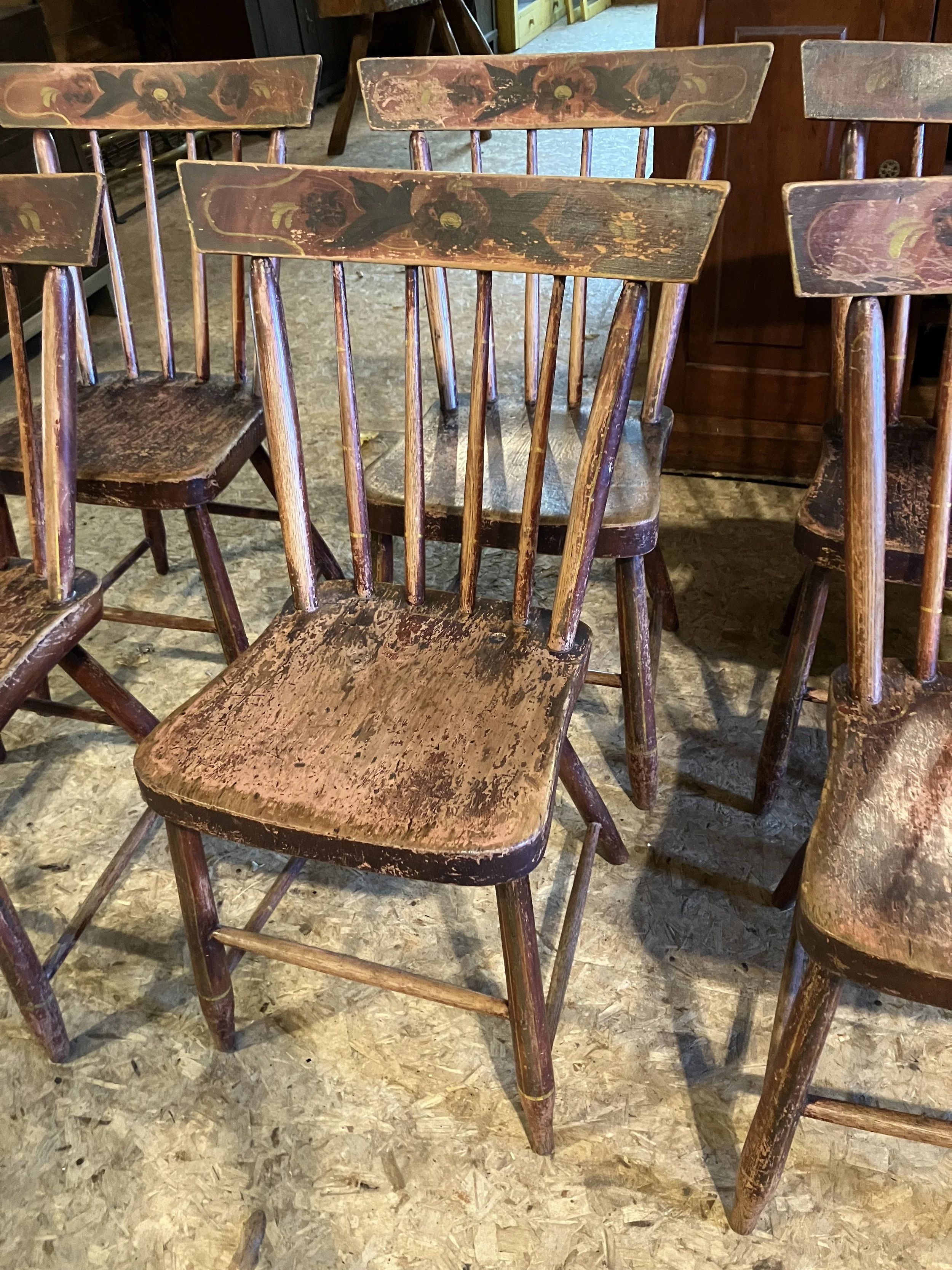 2261043 Set of 6, Early 1800’s, Plank Seat Chairs in Original Paint. S1150 