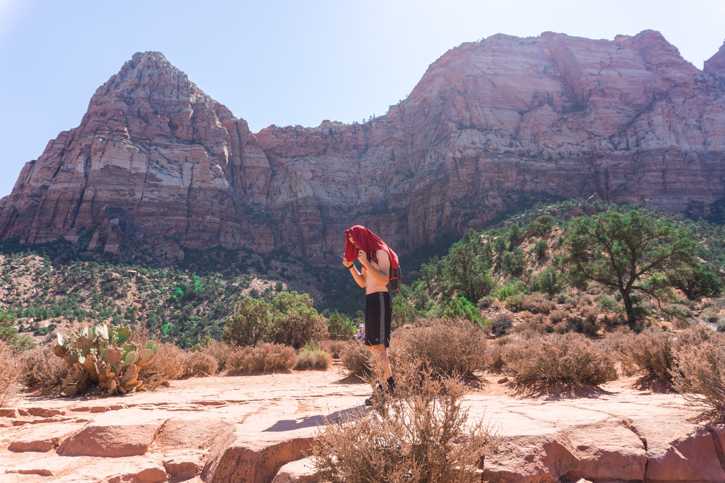 Zion National Park, Utah, July 2017. Heat and sun are getting the best of us. Josiah, my husband, rarely ever takes his shirt off, even at the beach. 