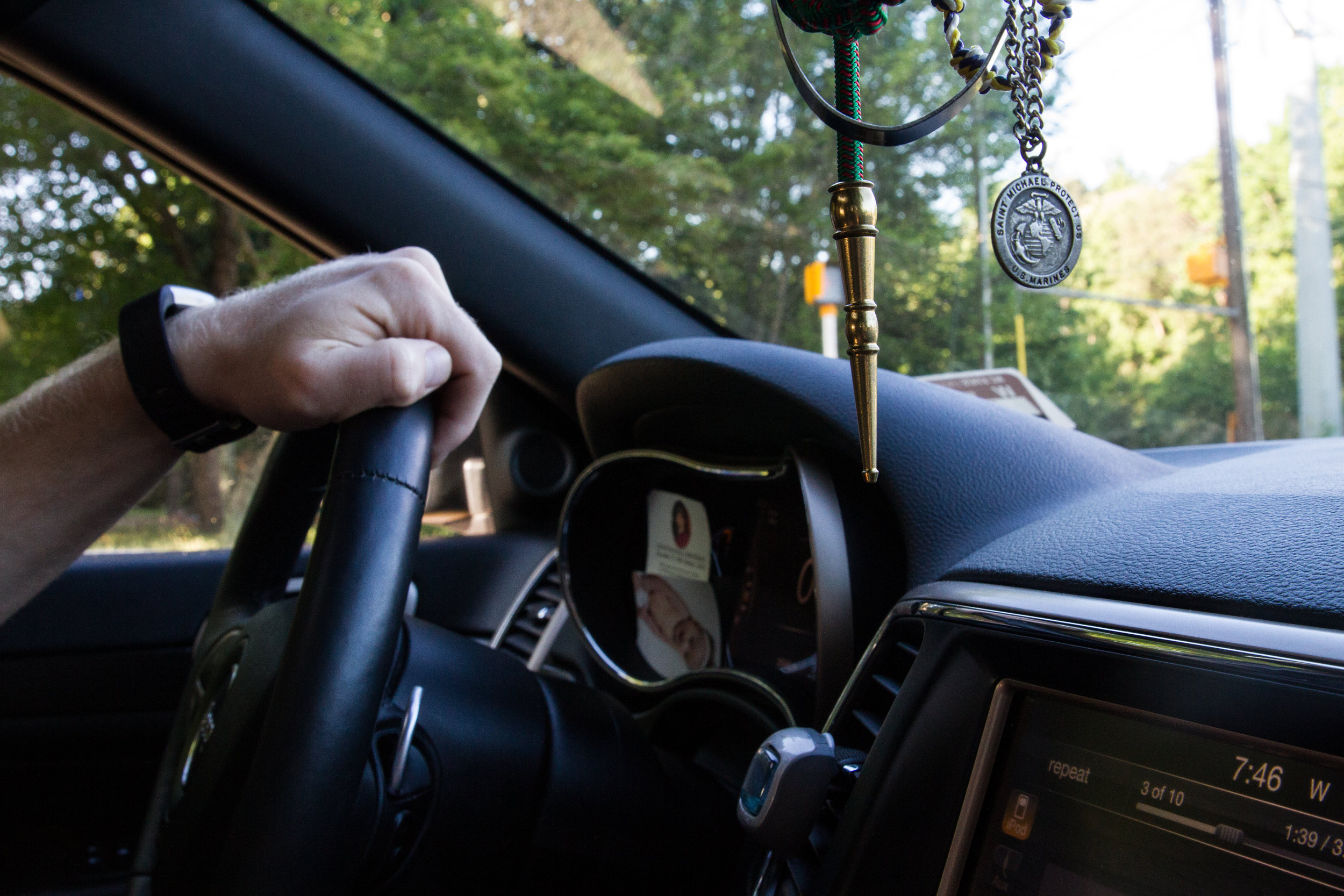 In order to make it to his 8:30 a.m. class, Fontenot has to leave his house an hour before. Hanging from his car’s mirror are tokens from his time in the Marines, such as his unit’s cord, the French Fourragere, given to the 5th and 6th Marines Regim
