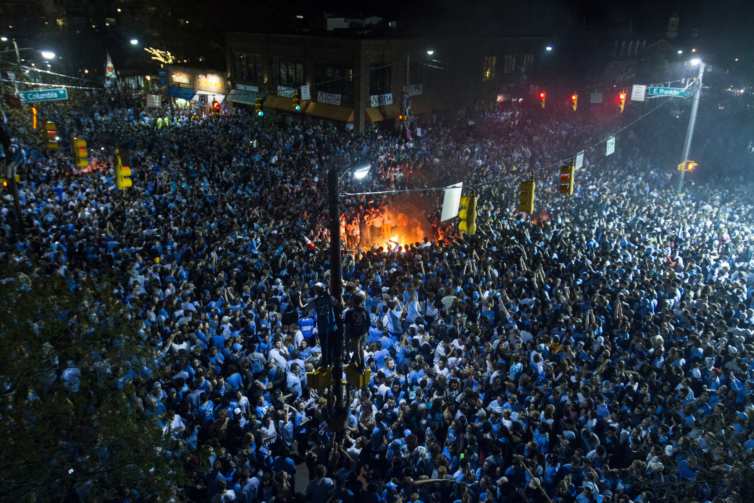  Thousands of Carolina fans storm Franklin Street after the North Carolina Tar Heels defeated the Gonzaga Bulldogs 71 to 65 on April 3, 2017. 