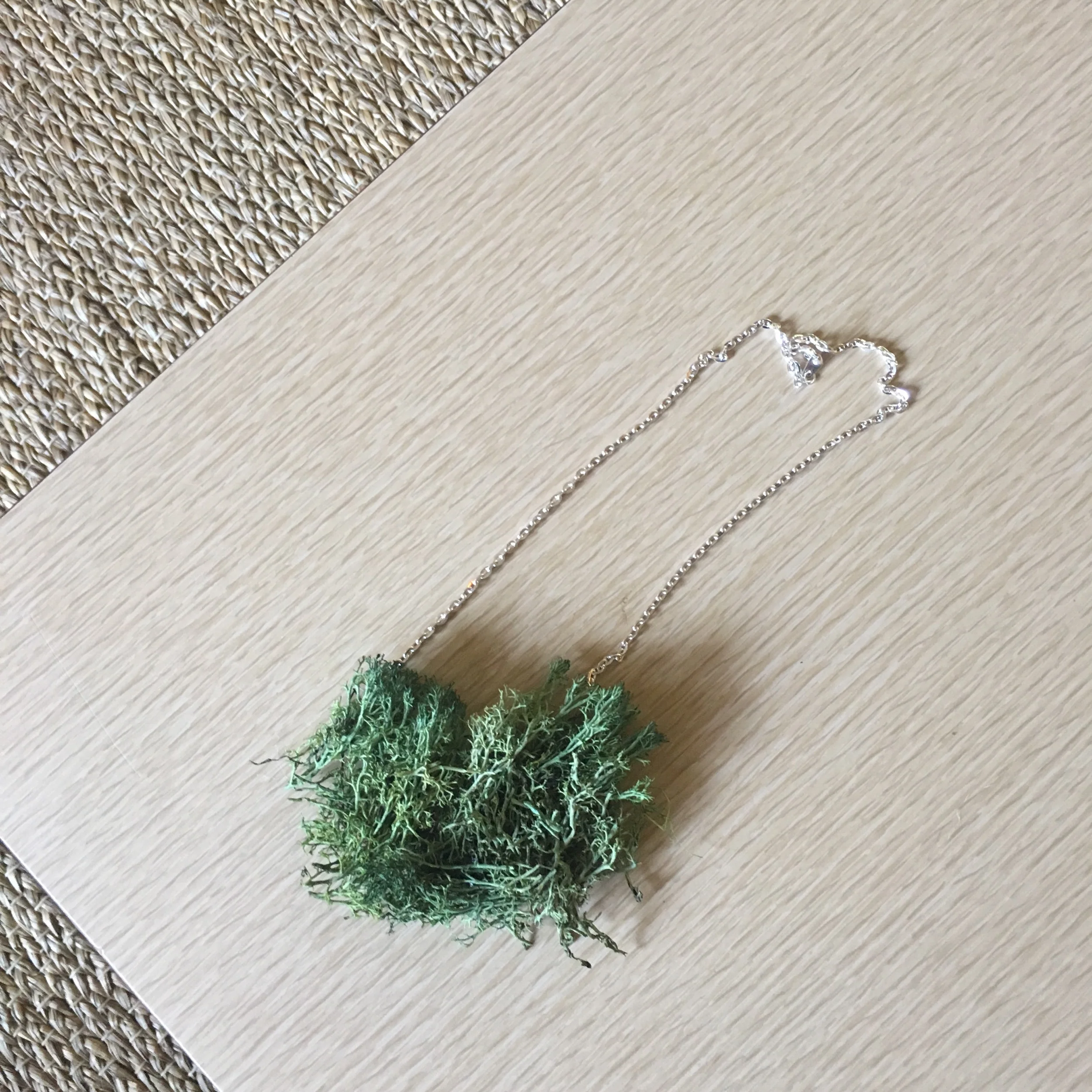 Step eight: I started with a base of glued-down reindeer moss. This is lousy reindeer moss from the dollar store, I don’t recommend it. I prefer the chartreuse green stuff from any craft store.