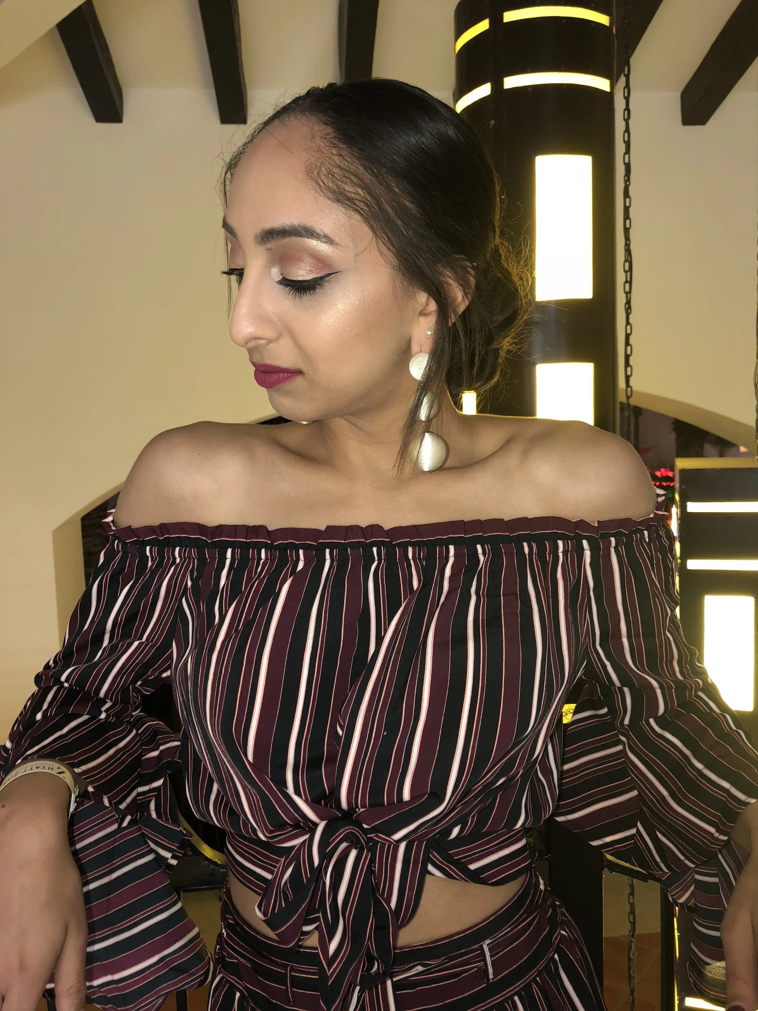 This two piece set from Free People is so much fun, for the comfort, cut, and pattern. I added these bobble earrings from Tjmaxx and added nude heels from Nordstrom Rack