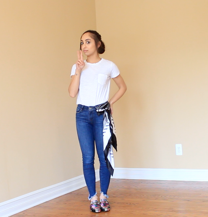 In this outfit all I added was a silk scarf from Amazon and these colorful Steve Madden slides. So simple, but these pieces give off the vibe of effortlessly cool. For two outfits in one, you can tie the scarf around your neck and have it be more of a focal point, or tie it around your belt for a little pop of patter.