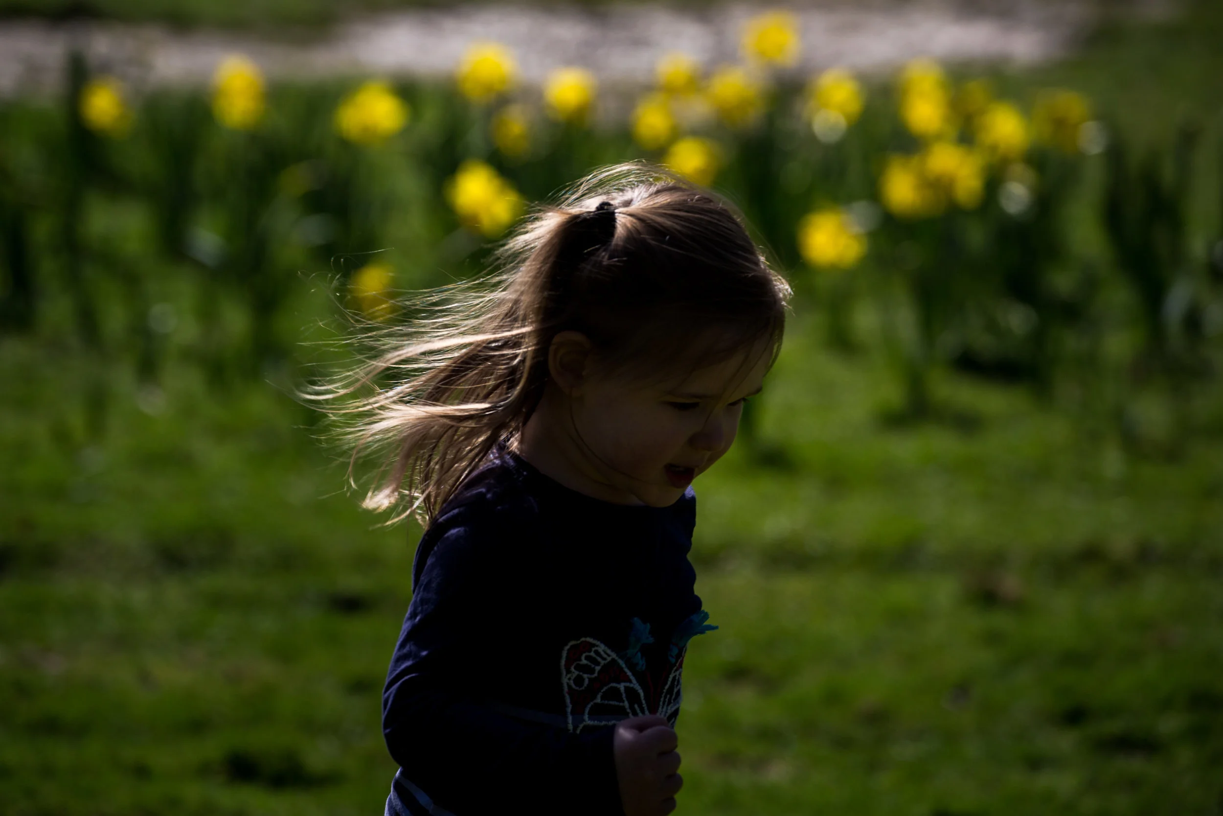 Hazel’s beautiful wild hair flying behind her as she runs through daffodils in childhood bliss.