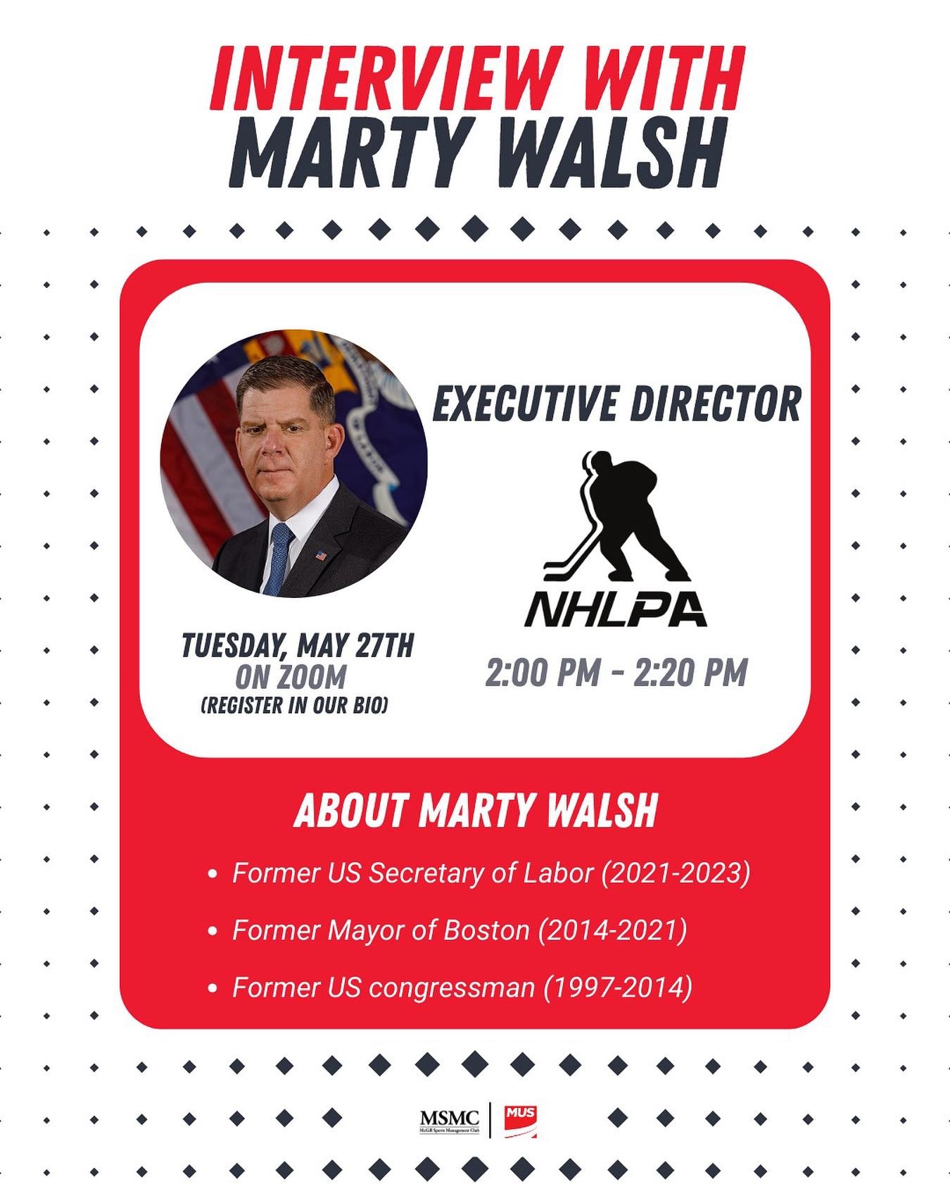 MSMC is thrilled to welcome Marty Walsh, Executive Director of the NHLPA (National Hockey League Players&rsquo; Association), for an exclusive interview on the business of hockey, leadership, and player advocacy. 🏒
The NHLPA represents over 700 NHL 