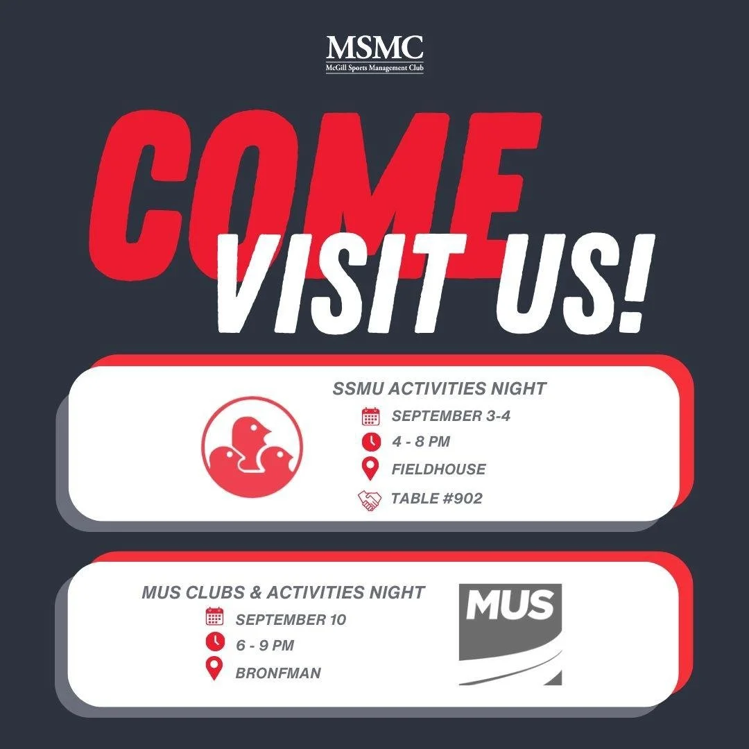 Turn your passion for sports into real-world experience! 📣

At McGill Sports Management Club, we connect students with hands-on experiences in the sports industry, including mentorship, conferences, and networking opportunities. Get involved and hel