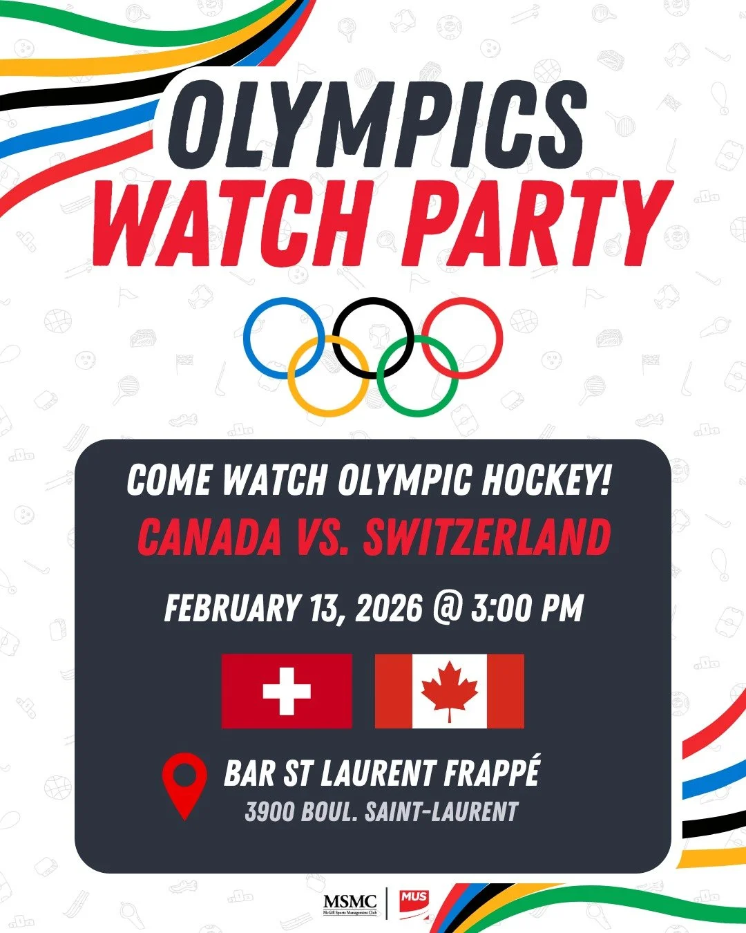 Join us on February 13th at Bar St Laurent Frapp&eacute; to watch Canada play Switzerland at the Olympics! 🏒 🥅