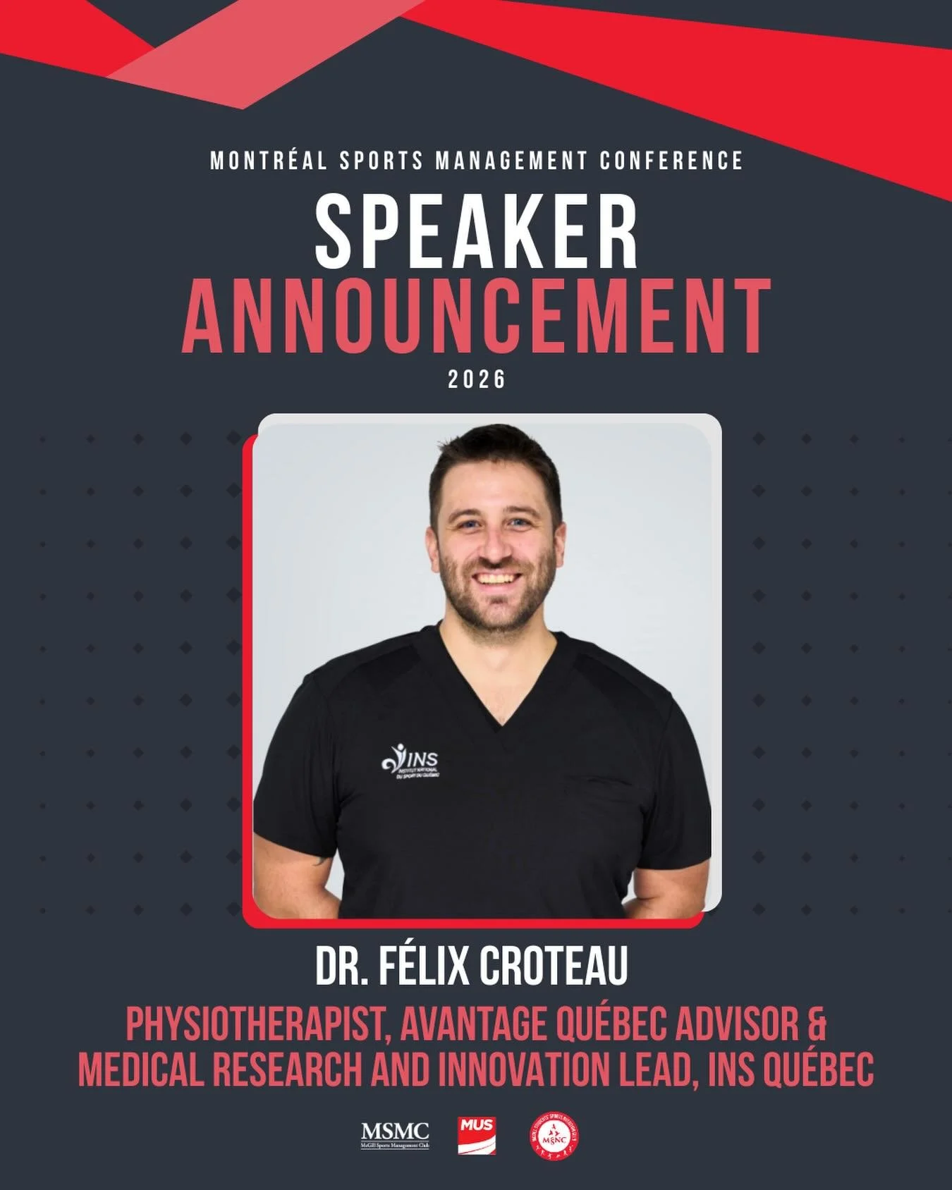 We are thrilled to announce that Dr. F&eacute;lix Croteau will be speaking at our conference!📣💪

F&eacute;lix has been working as a physiotherapist for over a decade, and completed a PhD in rehabilitation sciences in 2022 at McGill University with 