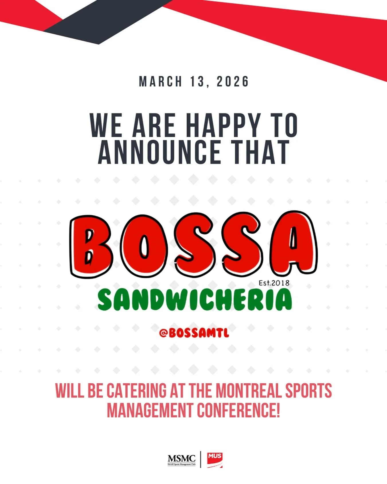 🚨We are thrilled to announce that Bossa Montreal will be catering at the Montreal Sports Management Conference on March 13, 2026! 🥪 Get ready to be blown away by their legendary Italian sandwiches 🇮🇹🙌

Vegan &amp; vegetarian options will be avai