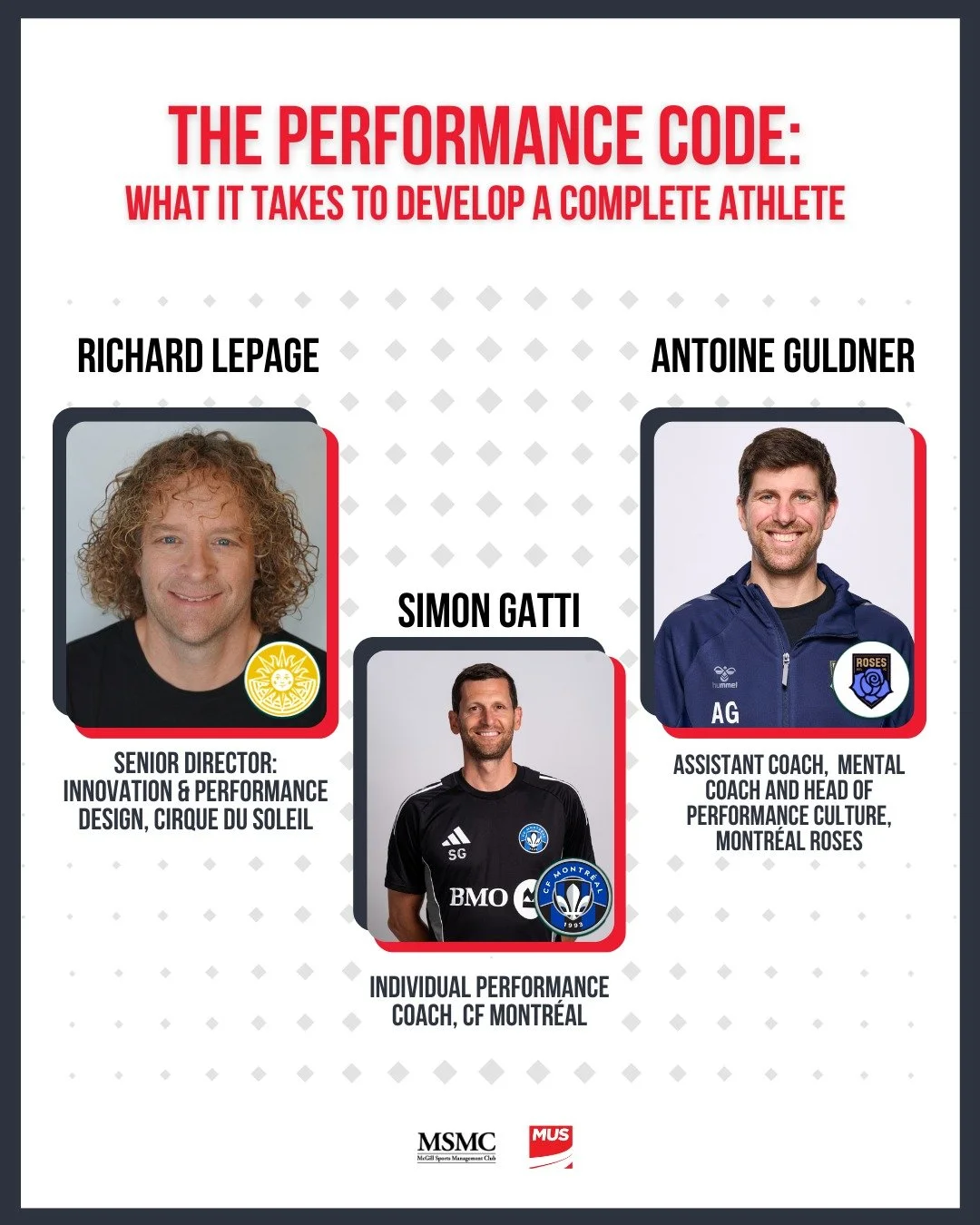 Panel Announcement 📣 

We're excited to present The Performance Code: What It Takes to Develop a Complete Athlete. 

🎪Richard Lepage: With over 14 years of experience at Cirque Du Soleil and having coached at three Olympic Games, Richard has extens