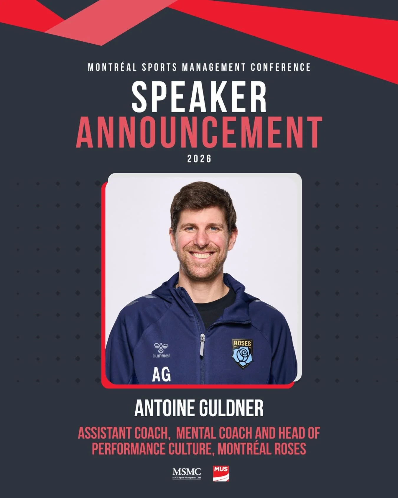 We are thrilled to announce that Antoine Guldner, Assistant Coach,  Mental Coach and Head of Performance Culture, Montr&eacute;al Roses, will be speaking at our conference!⚽️🥅

Originally from southern France, Antoine Guldner is a specialist in ment
