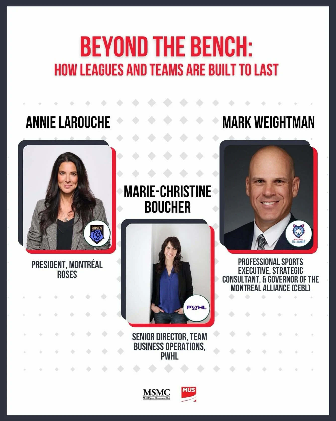Panel Announcement 📣

We&rsquo;re excited to present Beyond the Bench: How Leagues and Teams Are Built to Last. 

⚽️Annie Larouche: The President of the Montreal Roses of the Northern Super League and a longtime leader in Montr&eacute;al&rsquo;s pro