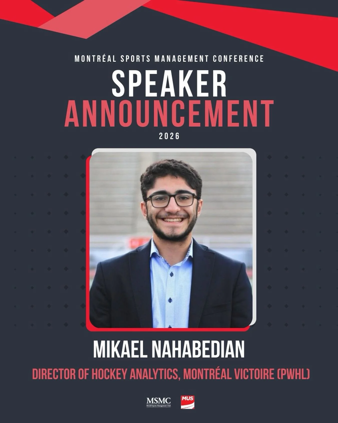 We are thrilled to announce that Mikael Nahabedian, Director of Hockey Analytics for the Montr&eacute;al Victoire (PWHL), will be speaking at our conference! 🏒📈

Mikael Nahabedian is the Director of Hockey Analytics for the Montr&eacute;al Victoire