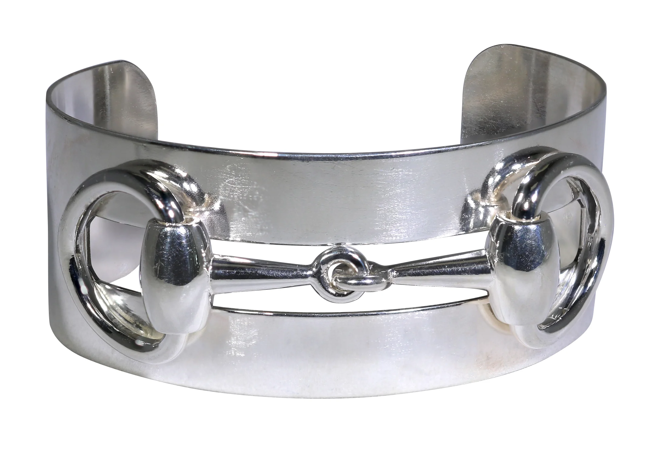 Silver large cuff bracelet with large egg butt snaffle bit.jpg