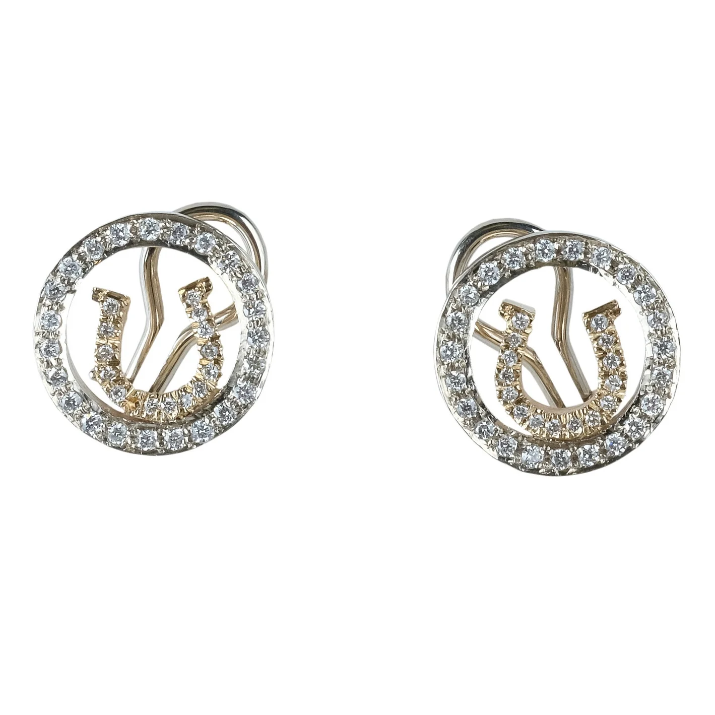 14kt two tone horseshoe in circle earring with diamond pave.jpg