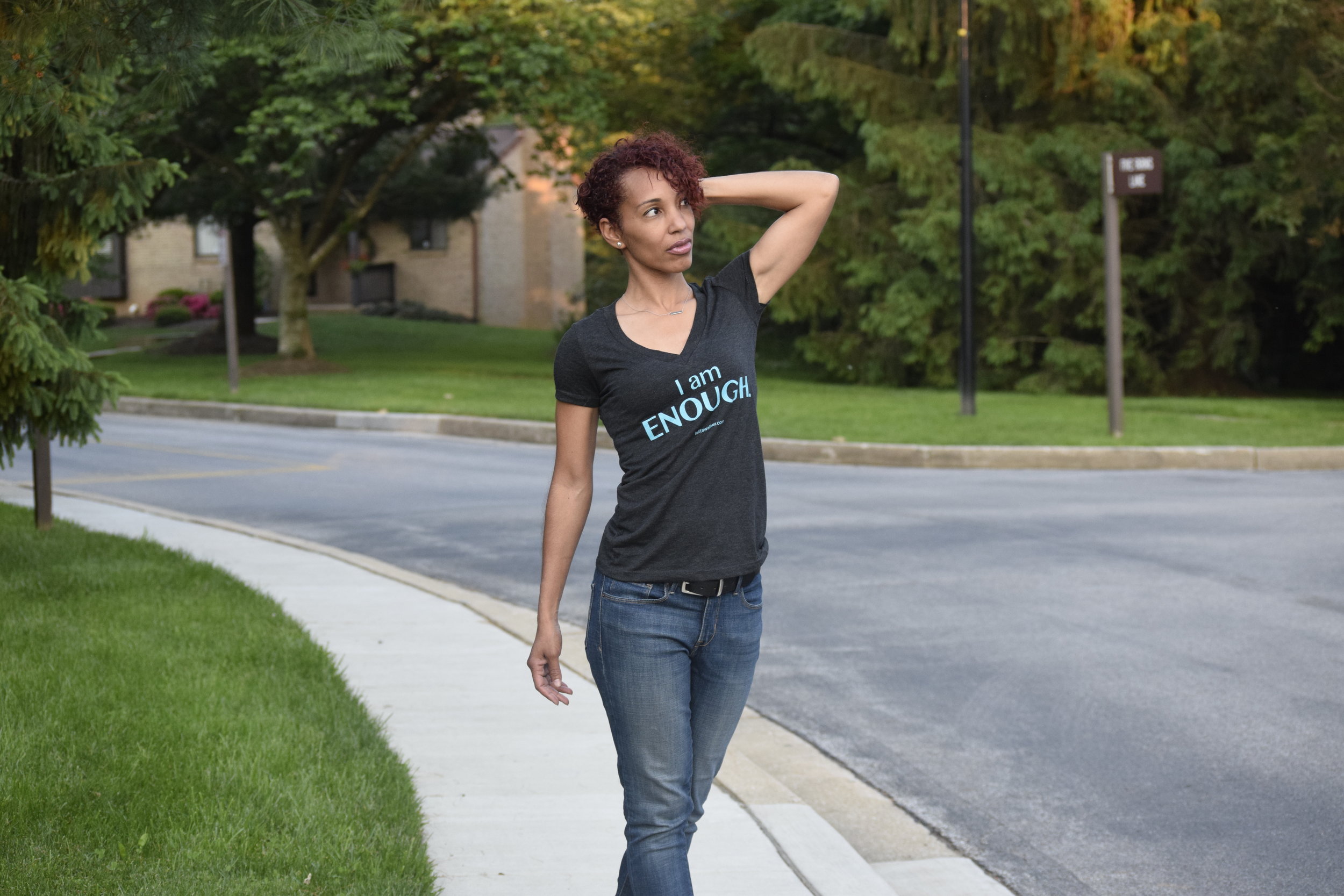 I am enough v neck grey tee with teal writing.JPG