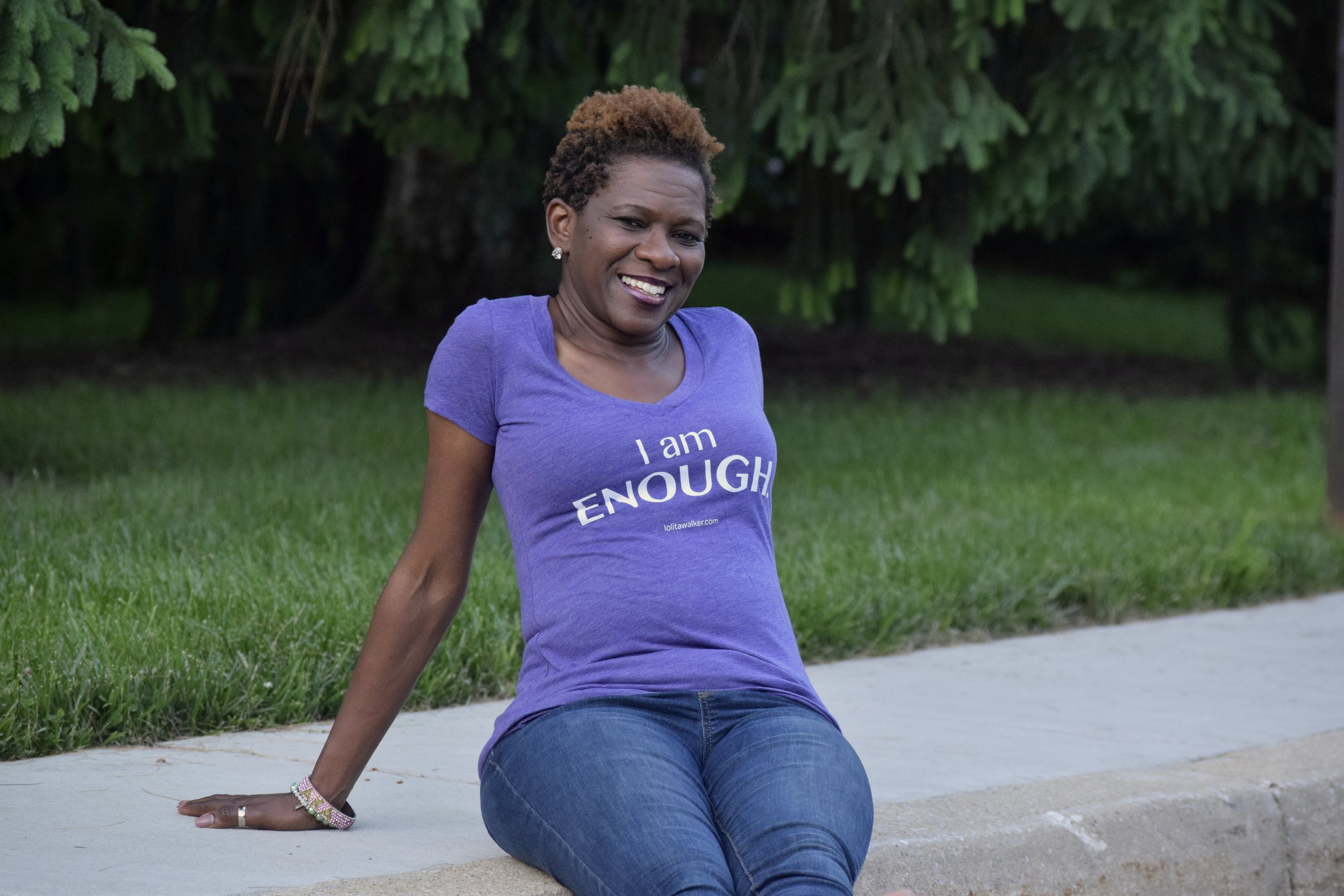 Karema I am enough purle v neck tee with white letters.JPG