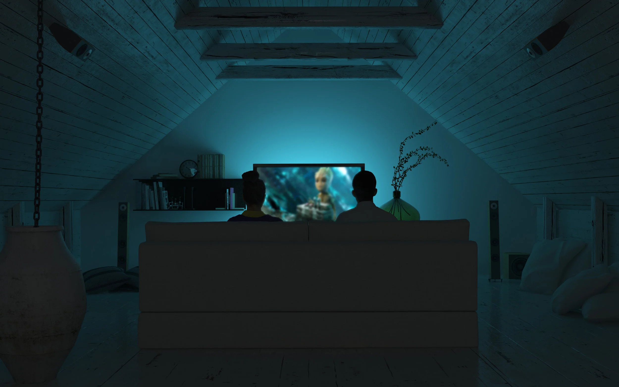 Home-Cinema-Couple-watching-film-in-Turquoise-Green-scene