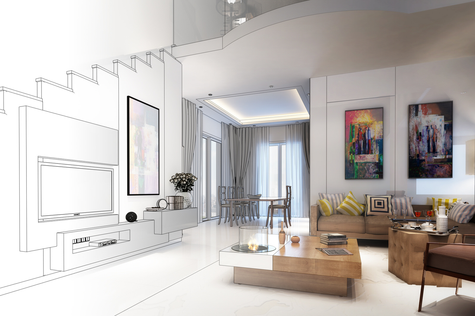 Contemporary_Modern_Apartment_Interior_Design_Wall_Mounted_Television_bespoke_joinery_Sketch_photograph