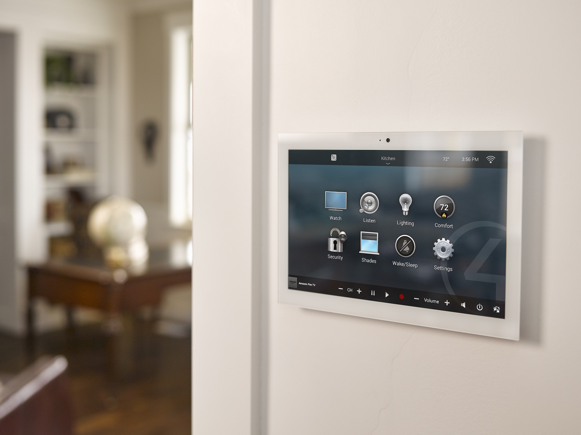 Smart_Home_Security_Control4_In_Wall_Touch_Screen_White_Wall_Hallway_Looking_At_Living_Room_Wooden_Floor