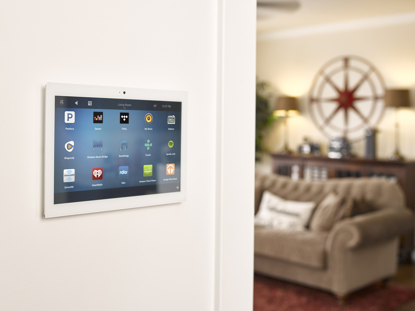 Control4_T10_White_In_Wall_Touch_Screen_White_Wall_Music_Menu_Tidal_Deezer_Spotify_Pandora_Amazon_Music_Icons_On_Screen