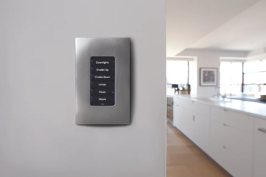 Control4_Lighting_Keypad_Black_Buttons_Chrome_Faceplate_Kitchen_White_Worktop_Brown_Floor_Shades