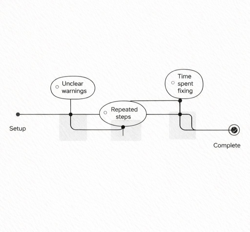 Flowchart illustrating a repair process with stages: setup, unclear warnings, repeated steps, time spent fixing, and completion.