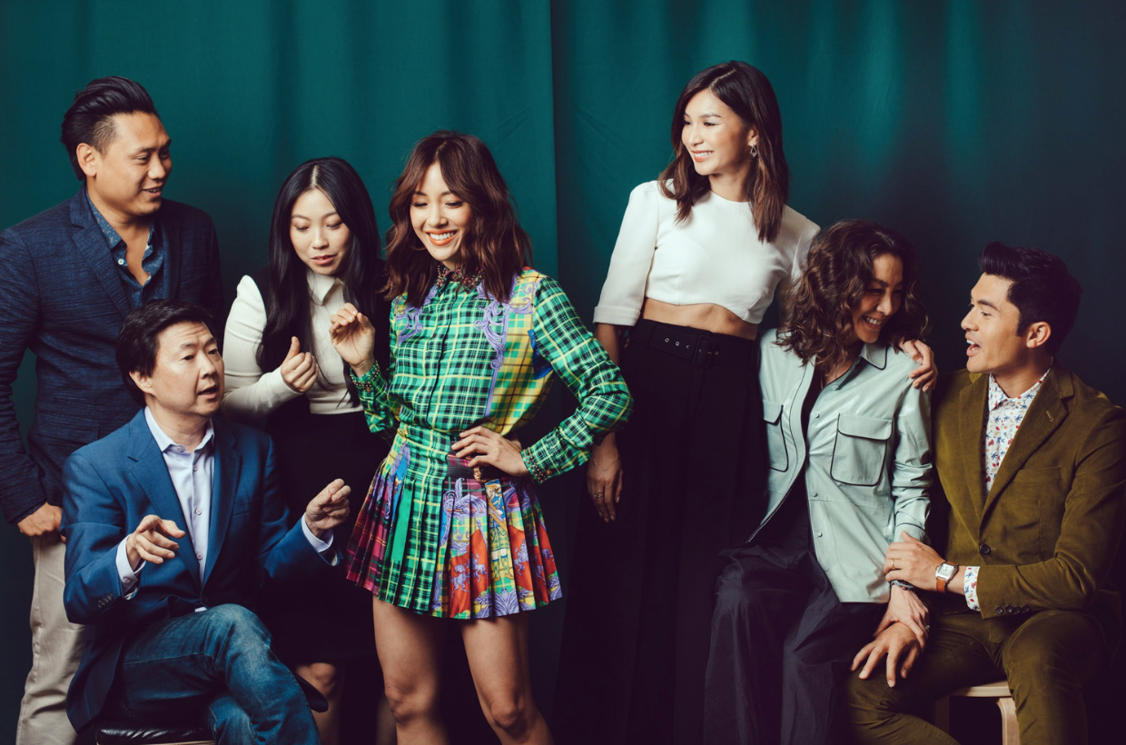 Director Jon M. Chu, left, Ken Jeong, Awkwafina, Constance Wu, Gemma Chan, Michelle Yeoh and Henry Golding (Photo by Rozette Rago).