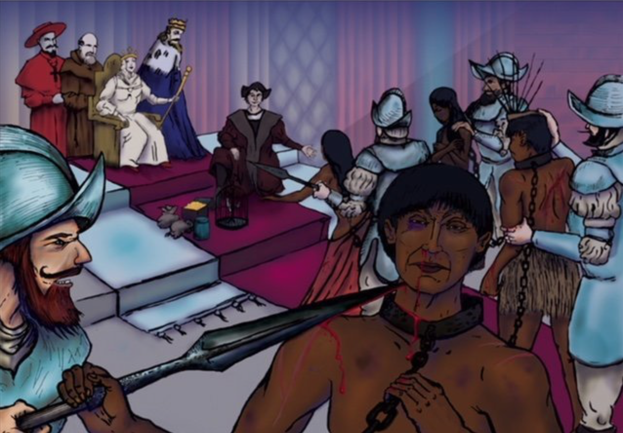An image from Movers and Shakers’ White Supremacy 101: Columbus the Hero? augmented reality book (Photo by Ben Shardis).