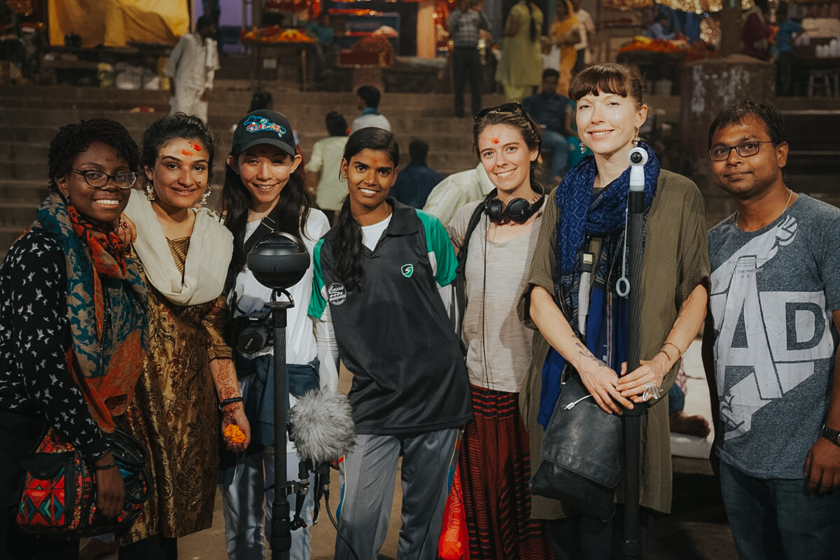 The Girl Icon team in Varanasi - (right to left) Sadah Espii Proctor (Espii Studios), Bhumika Regmi (Malala Fund), Natalie Au (Espii Studios), Rani Kanaujia, Laura Cunningham, Skye Von (little GIANT Wolf), Taposh Roy (Milaan Foundation)
