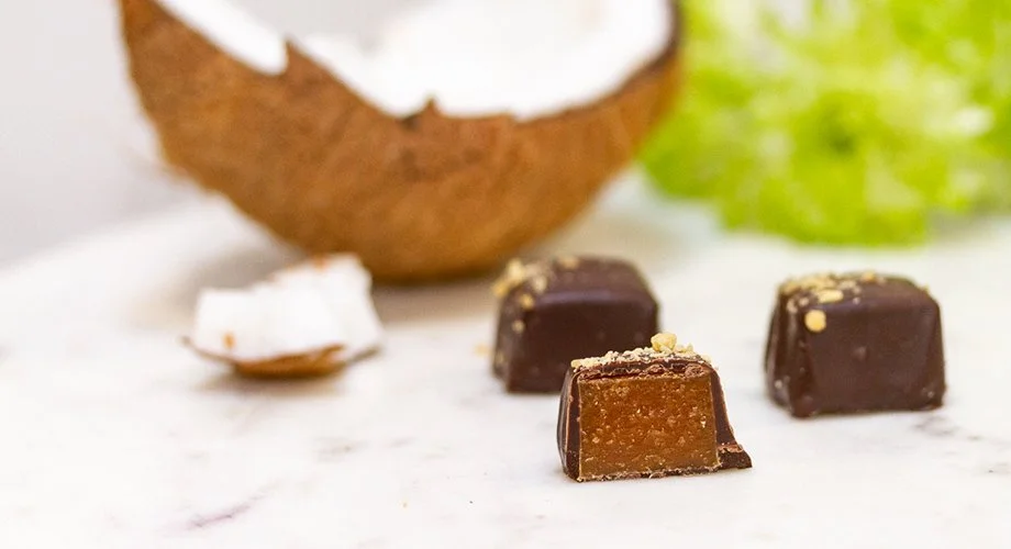 Chunks of coconut in the background with a square chocolate coated caramel in front, cut in half to show the caramel and coconut center.