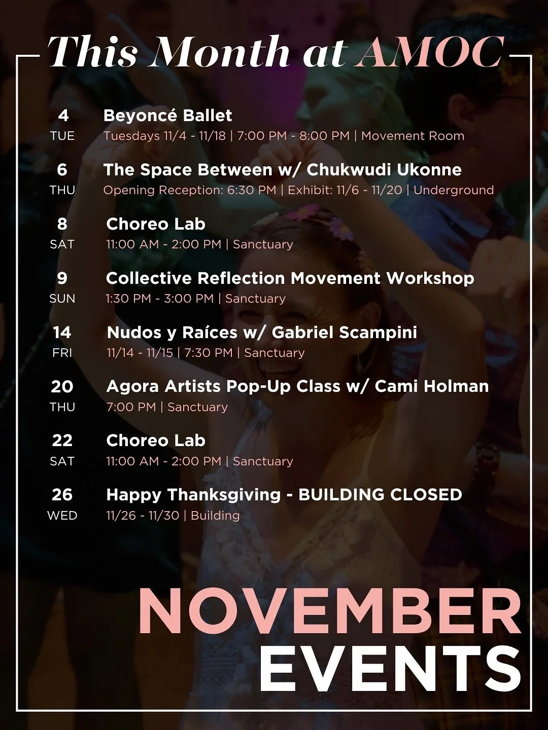 November arrives with a spirit of friendship and giving.
Take a look at what&rsquo;s happening this month at AMOC.
We hope to see you soon!