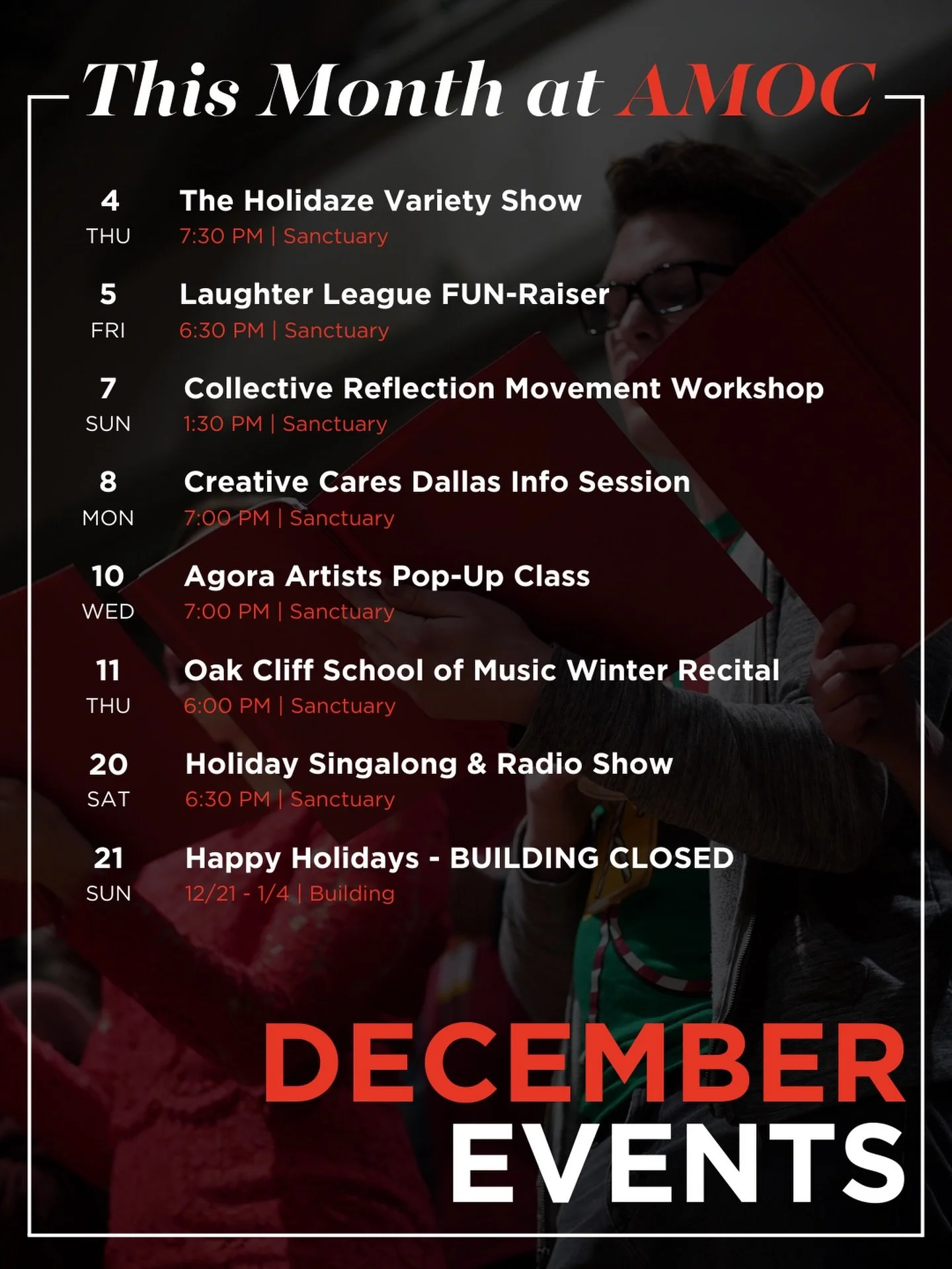 This month arrives with a spark of celebration and connection. From variety shows to community workshops to our cherished Holiday Singalong, December is filled with moments to gather, create, and close out the year together. Take a look at what&rsquo