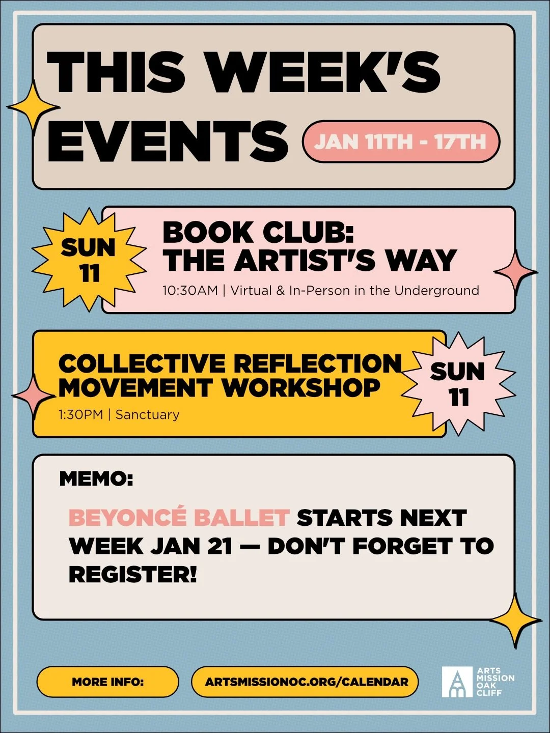 This week @ AMOC | 1/11&ndash;1/17

Choose your adventure:
 &bull; Book Club: The Artist&rsquo;s Way
 &bull; Collective Reflection Movement Workshop

Sign up at the link in our bio.