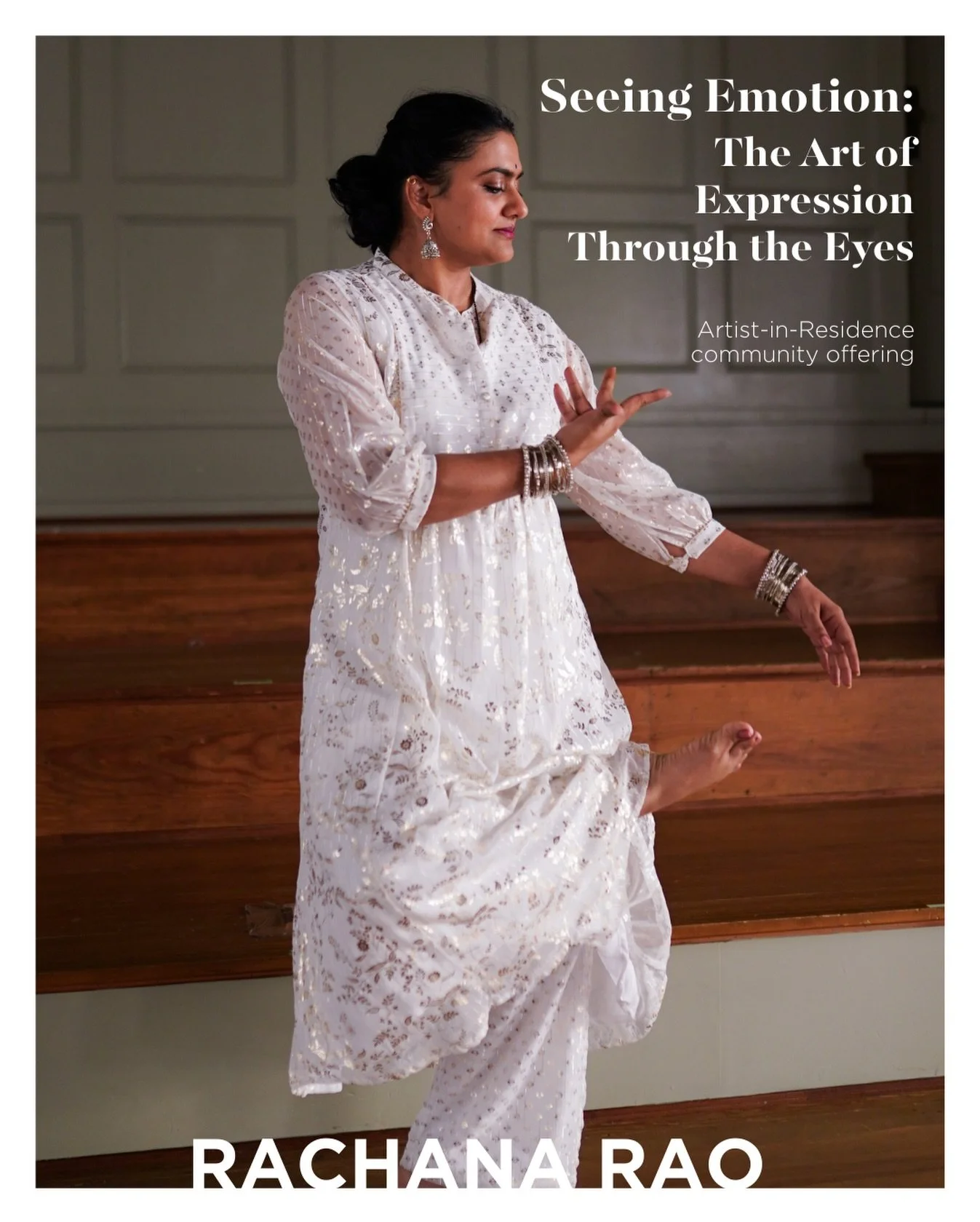 Join us in welcoming our Spring Artist in Residence, Rachana Rao, with her first community offering at AMOC.

This workshop introduces the expressive language of the eyes and face from the Natyashastra, an ancient Indian text on performance. Through 
