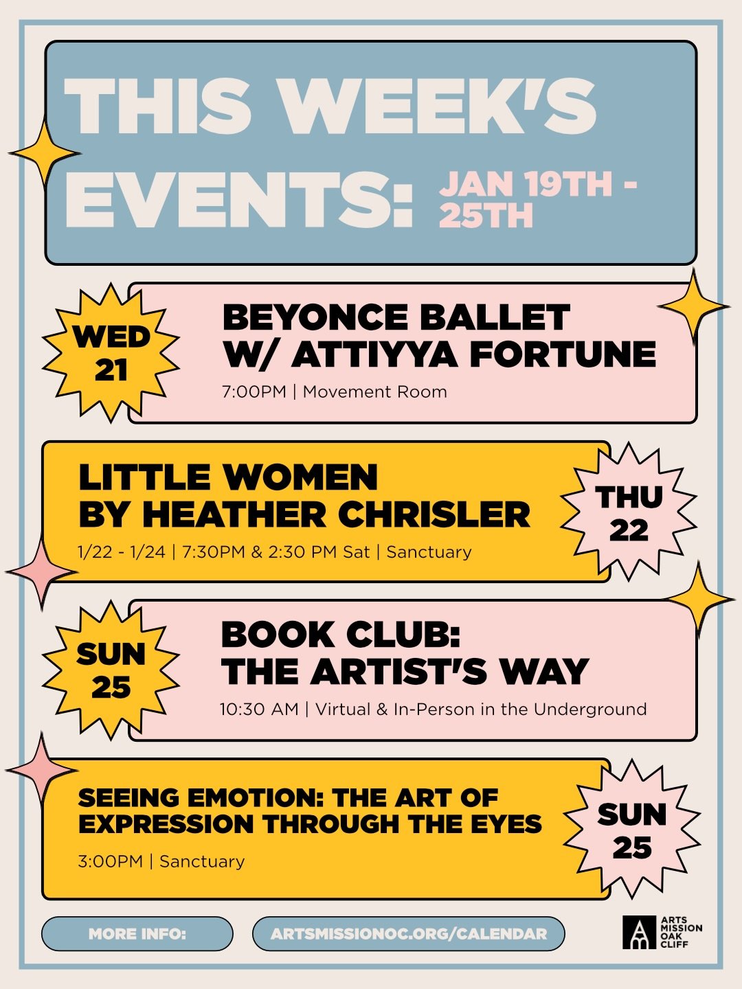 This week @ AMOC | 1/19&ndash;1/25

Join us for:
&bull; The first week of Beyonce Ballet w/ Attiyya Fortun&eacute;
&bull; A barrier-breaking production of Little Women
&bull; Your last chance to register for Book Club
&bull; A workshop focusing on th