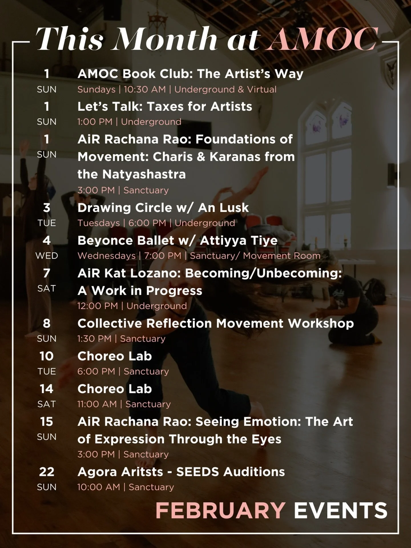 February at AMOC is about deepening the work and letting momentum take shape. Bodies warm up. Ideas stretch further. Practices become more intentional as artists settle into rhythm.

This month brings movement in many forms. Ongoing classes, artist-l