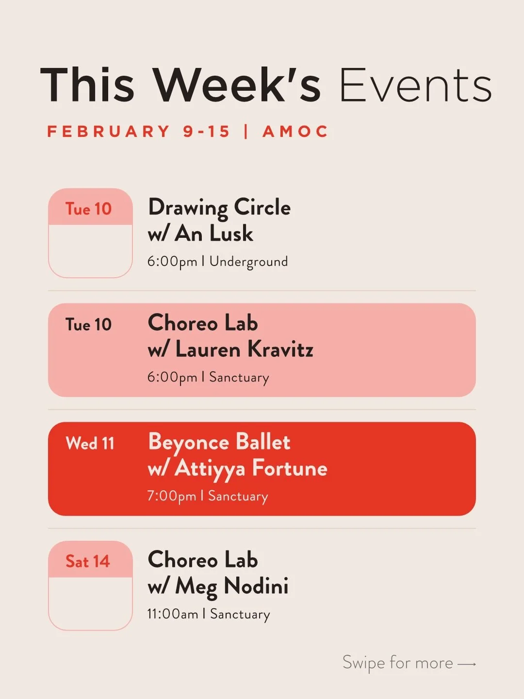 This week at AMOC.

A mix of steady practices and shared experiments, unfolding across the building.

Swipe through to see what&rsquo;s happening over the next few days.

Details and registration are at the link in our bio.