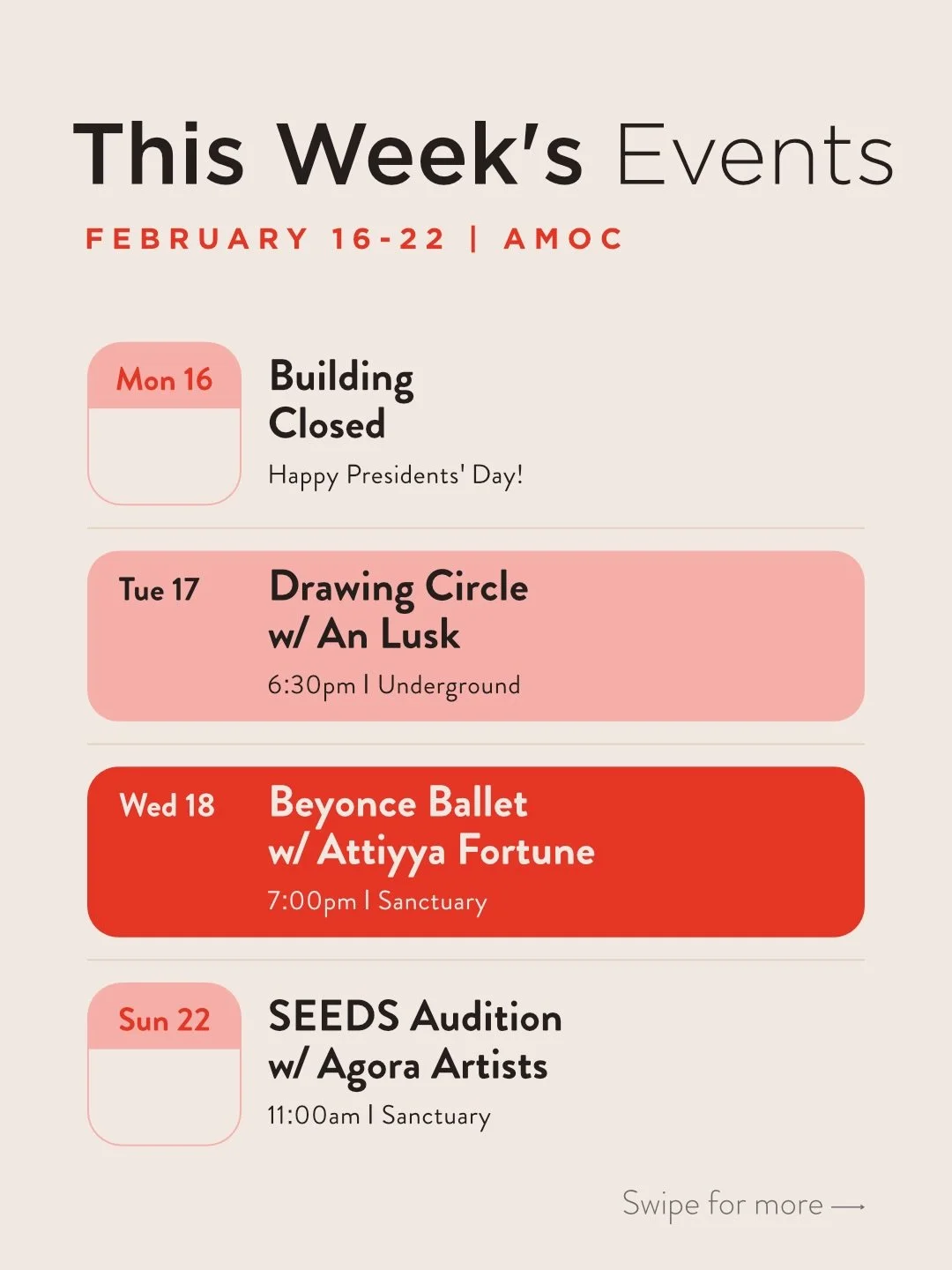 This week at AMOC. We&rsquo;re back in rhythm.

Drawing Circle. Beyonc&eacute; Ballet. SEEDS auditions. Book Club. Different rooms. Different disciplines. One building in motion.

Join us in the Sanctuary or the Underground.